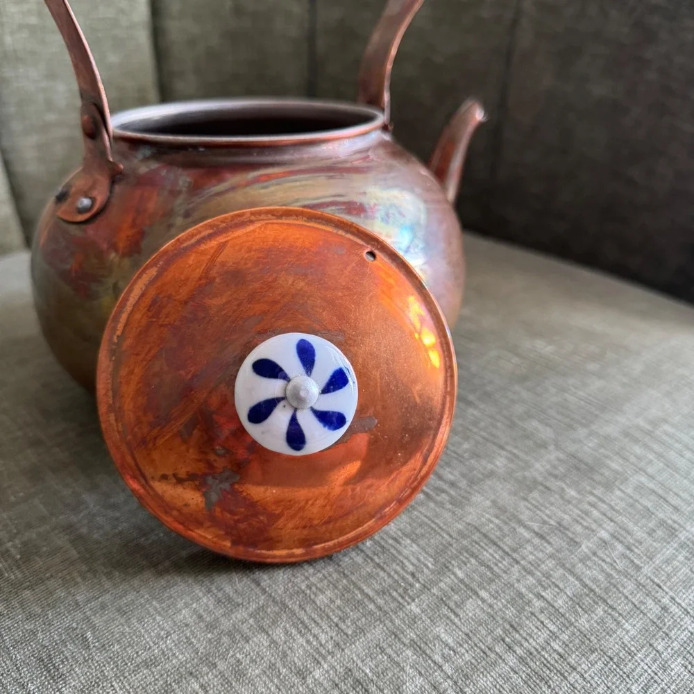 Vintage Copper Tea Kettle Blue White Ceramic Handle Cottagecore Farmhouse BOHO